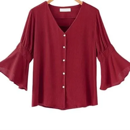 3/4 sleeve Lotus leaf sleeve V neck  Plus Size Tops