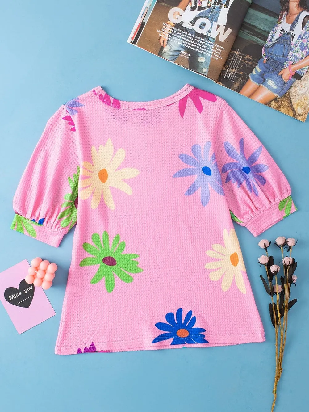 Adorable Floral Waffle Knit Top