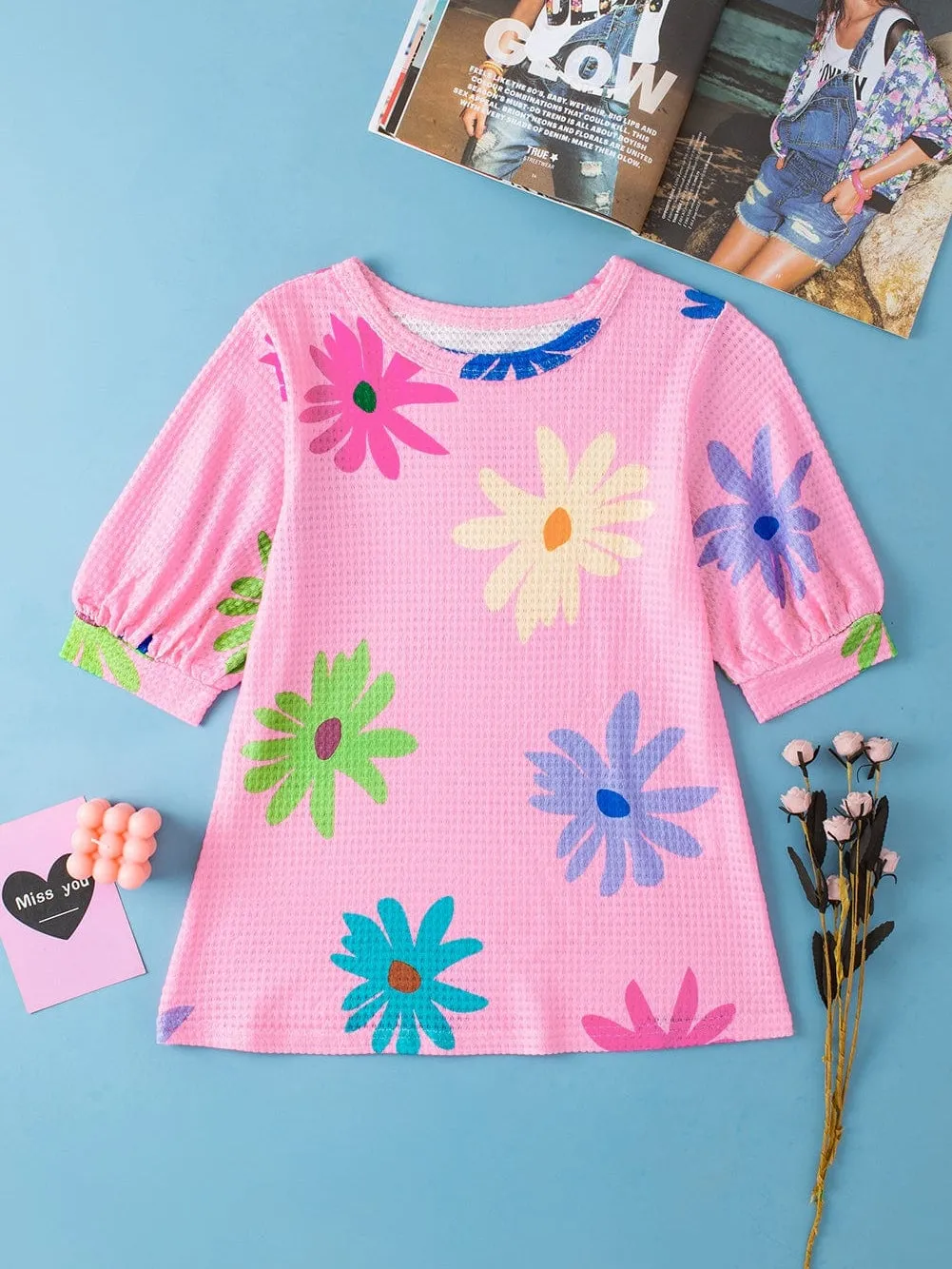 Adorable Floral Waffle Knit Top