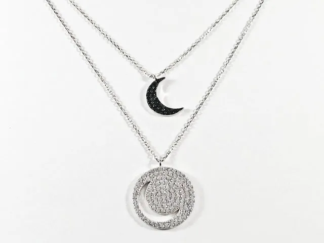 Beautiful Double Moon Shape Layered Design Black & Clear CZ Silver Necklace