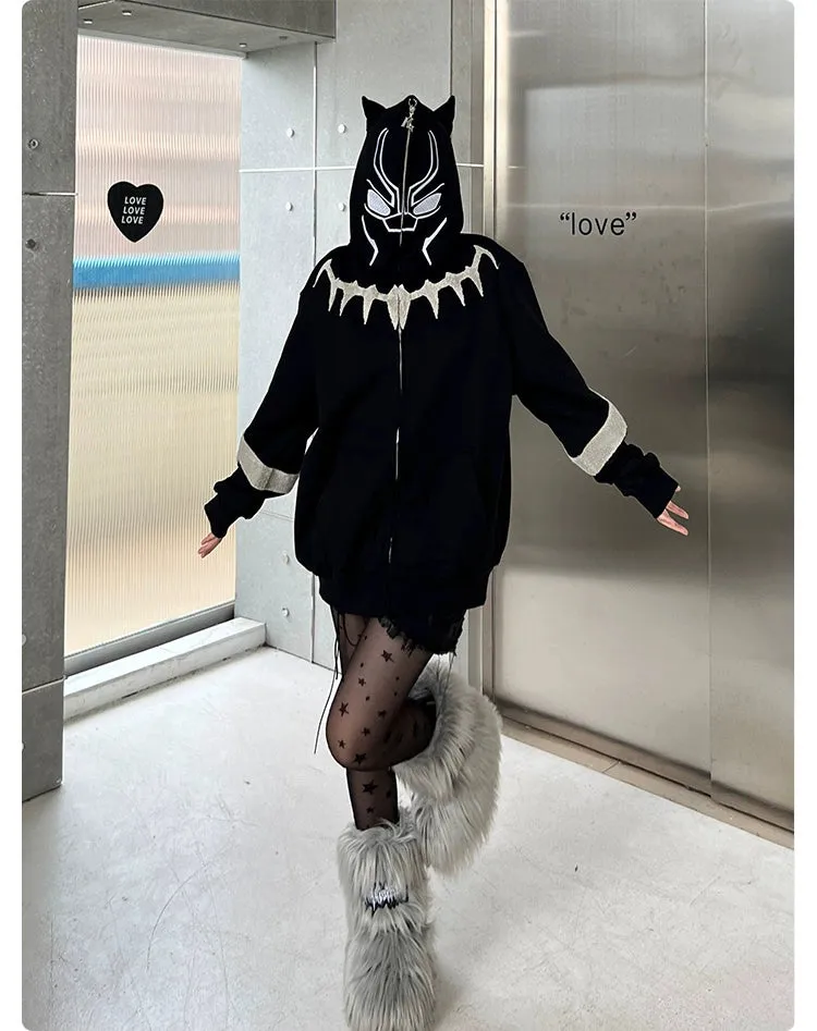 Black Panther-Inspired Hoodie - 400GSM Oversized Superhero Zip-Up Sweatshirt with Ear Design