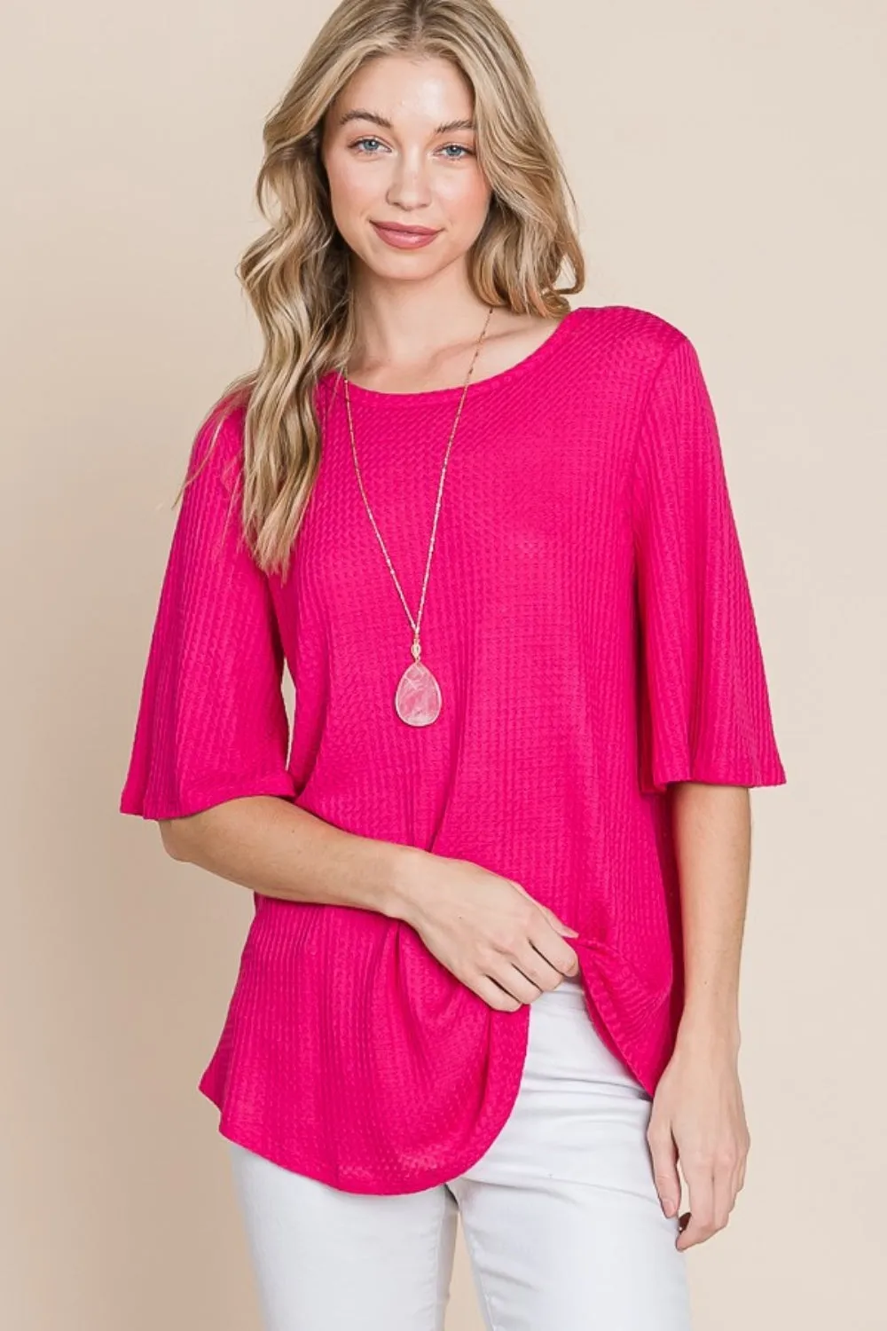 Blue Zone Planet |  BOMBOM Round Neck Waffle Knit T-Shirt