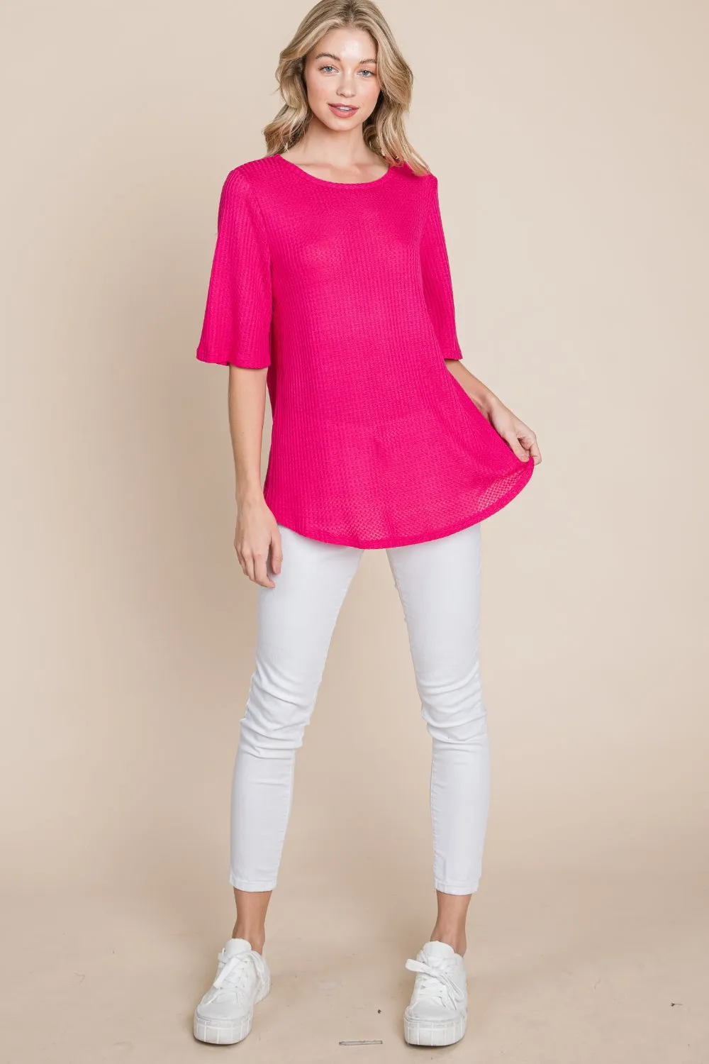 Blue Zone Planet |  BOMBOM Round Neck Waffle Knit T-Shirt