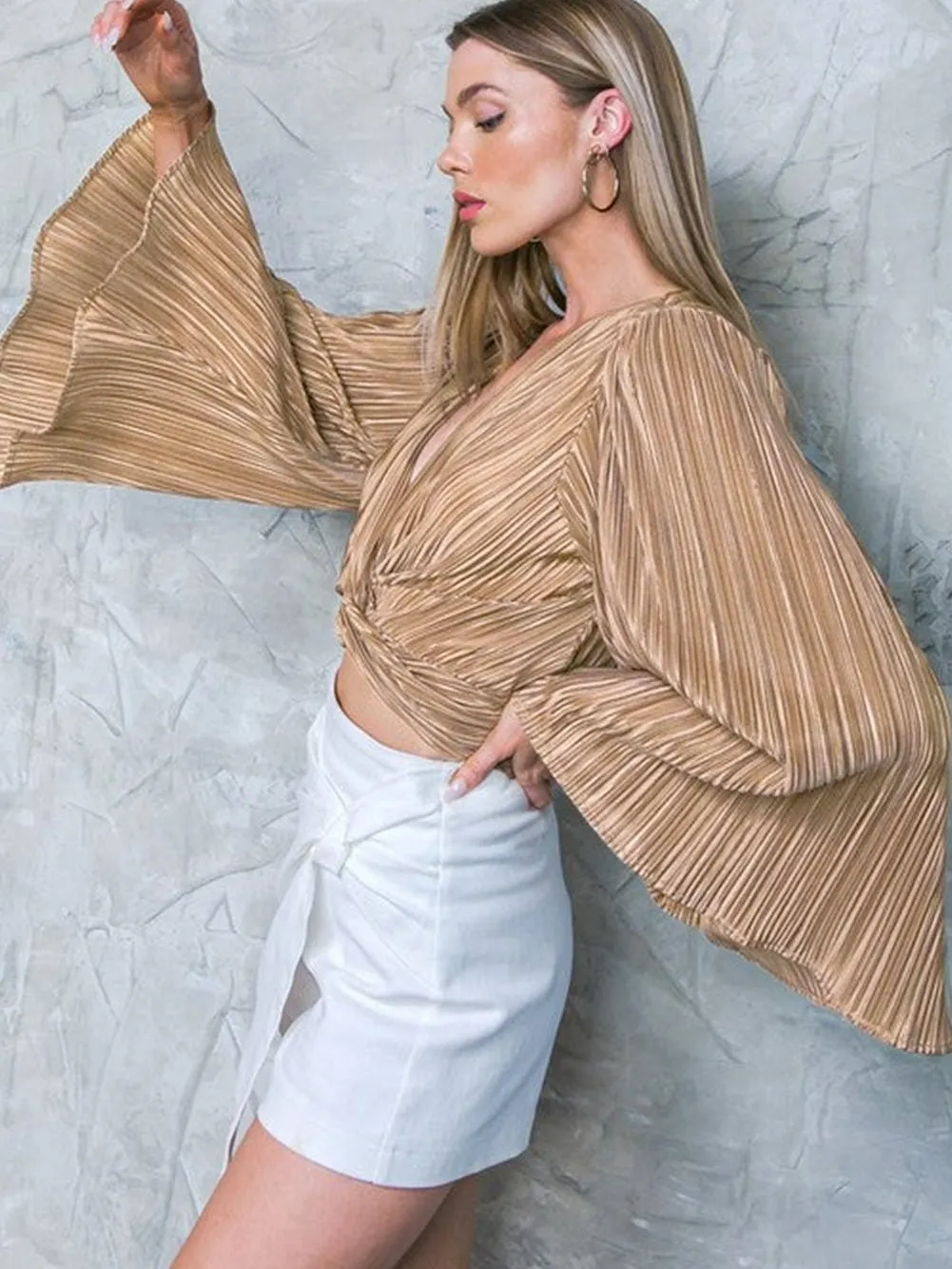 Camel Twist Detail Pleated V Neck Crop Top