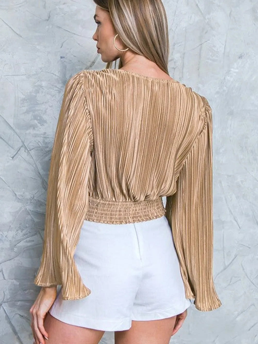 Camel Twist Detail Pleated V Neck Crop Top
