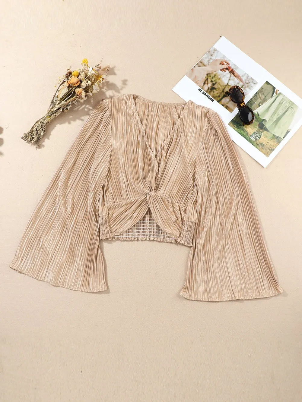Camel Twist Detail Pleated V Neck Crop Top