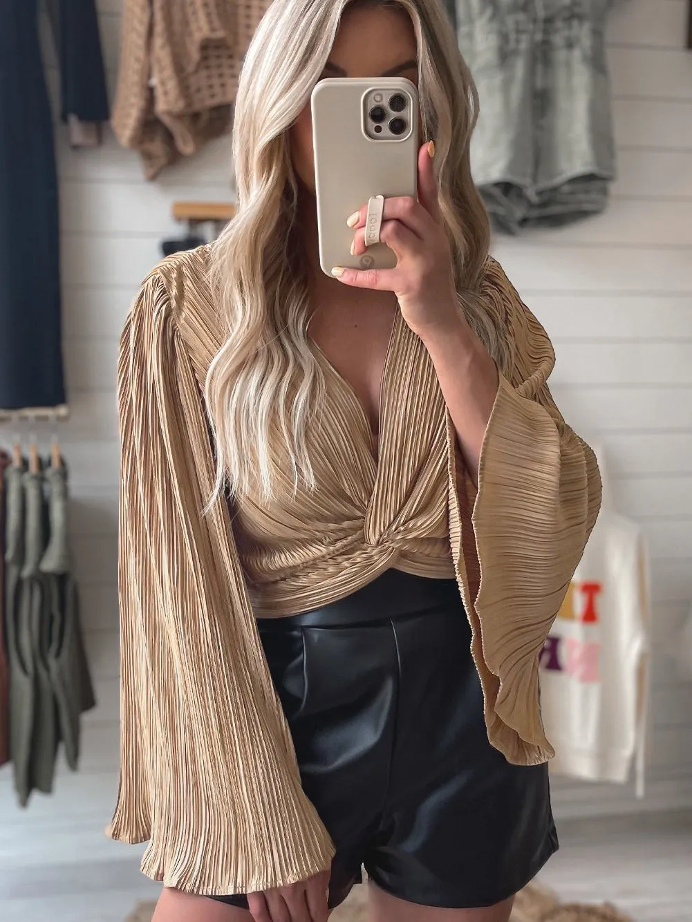 Camel Twist Detail Pleated V Neck Crop Top