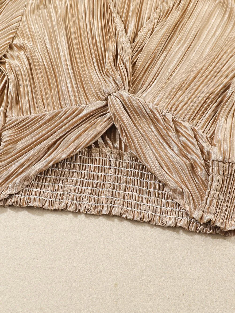 Camel Twist Detail Pleated V Neck Crop Top