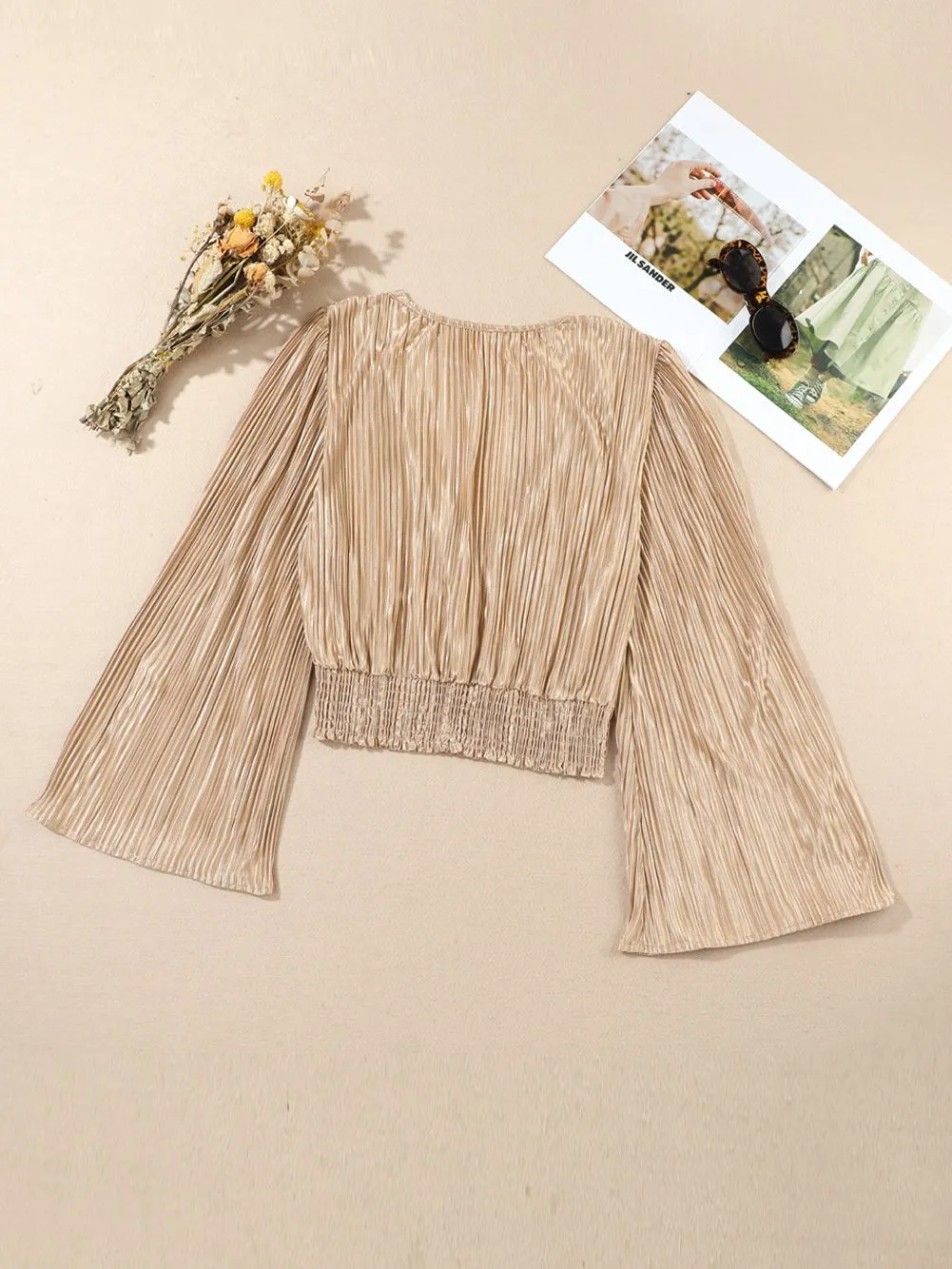 Camel Twist Detail Pleated V Neck Crop Top