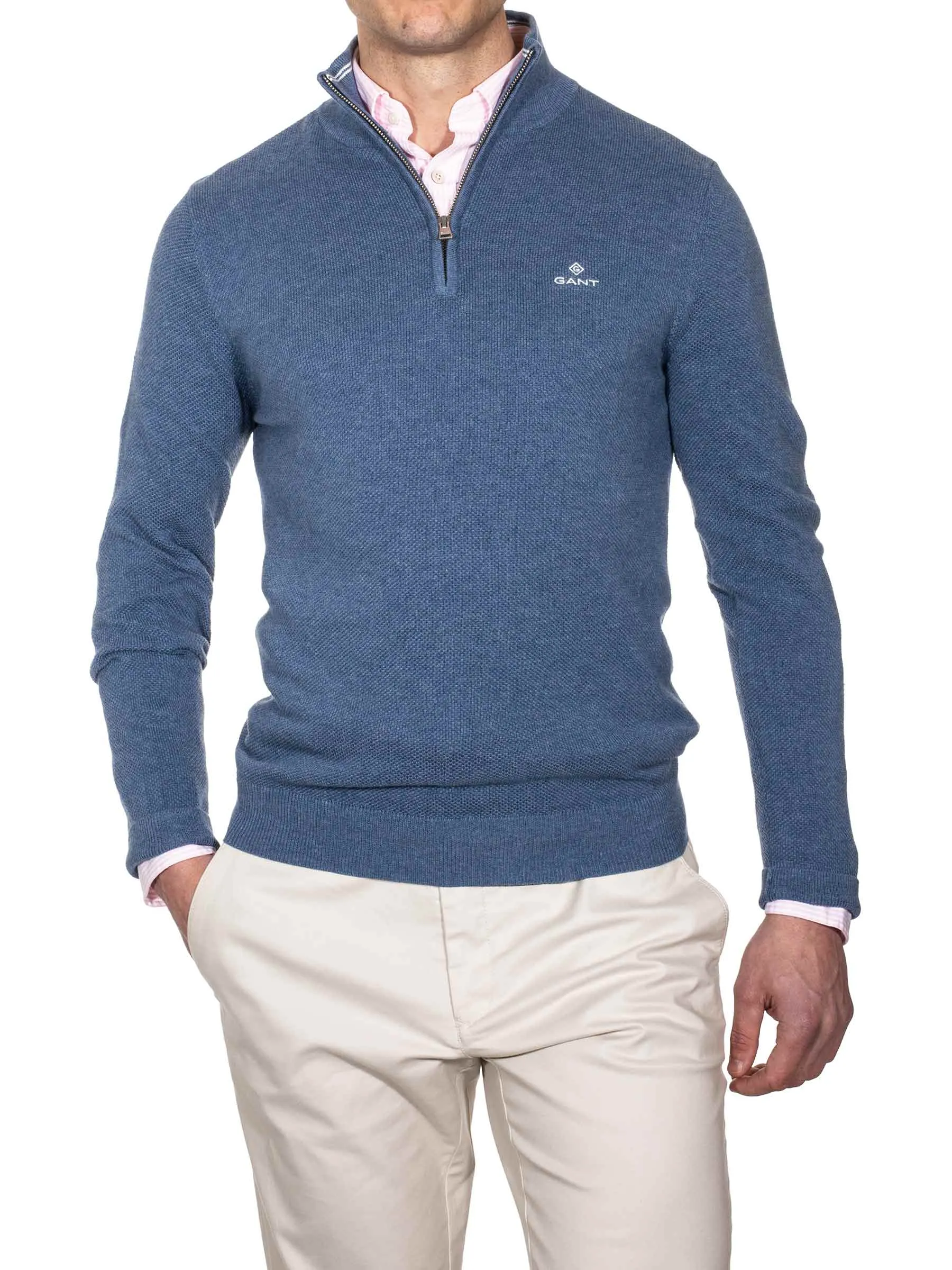 Cotton Pique Half Zip Denim Blue Mel
