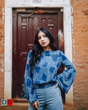 Dabu Print Bell Sleeve Indigo Top