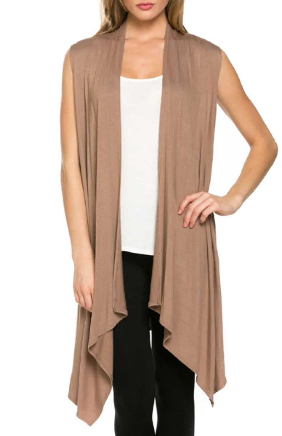 Draped Open Front Jersey Knit Vest