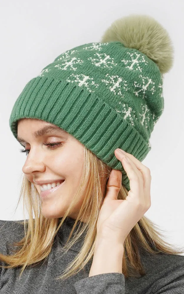 EHT10877 SNOWFLAKE KNIT POMPOM BEANIE