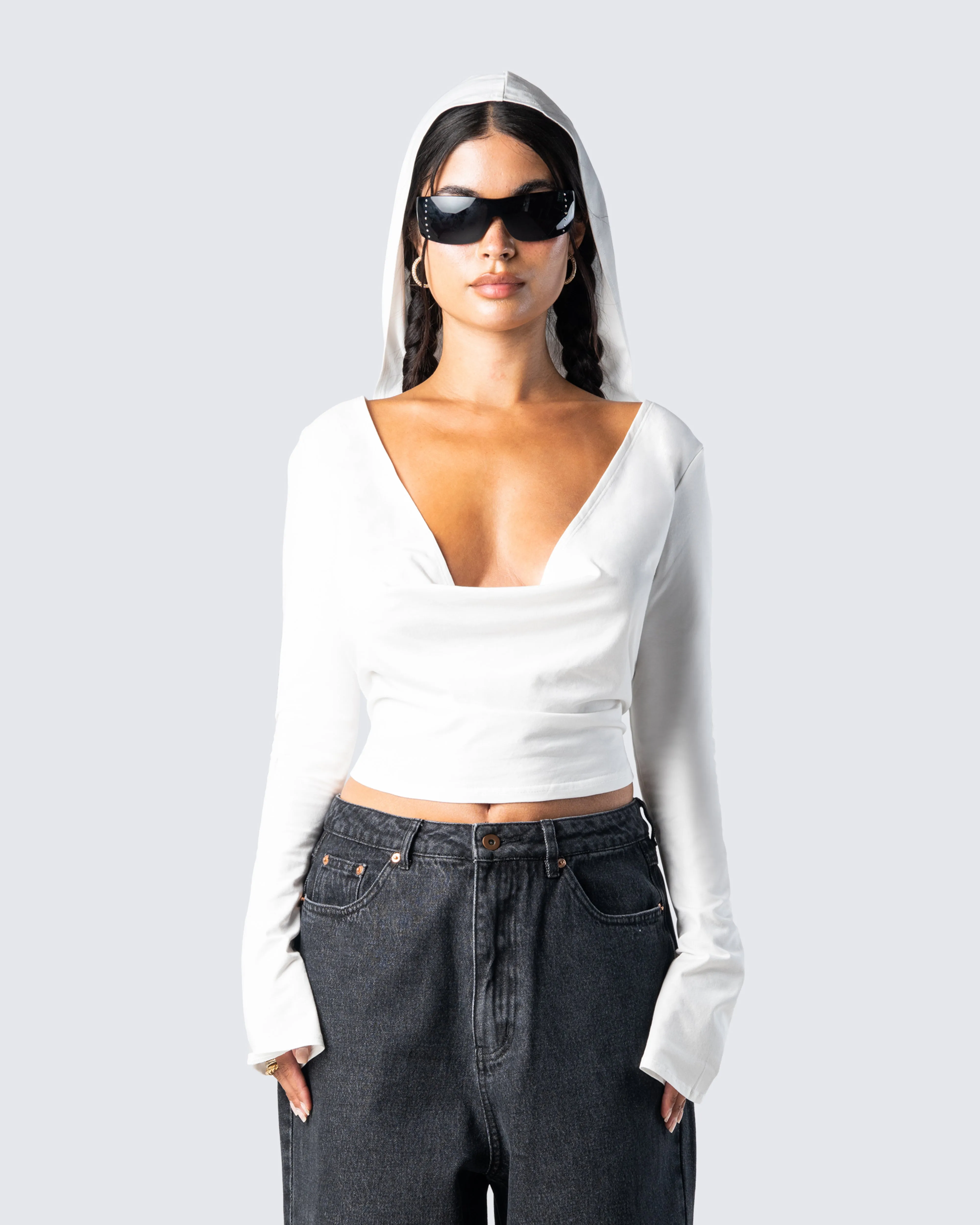 Inga White Knit Hooded Draped Top