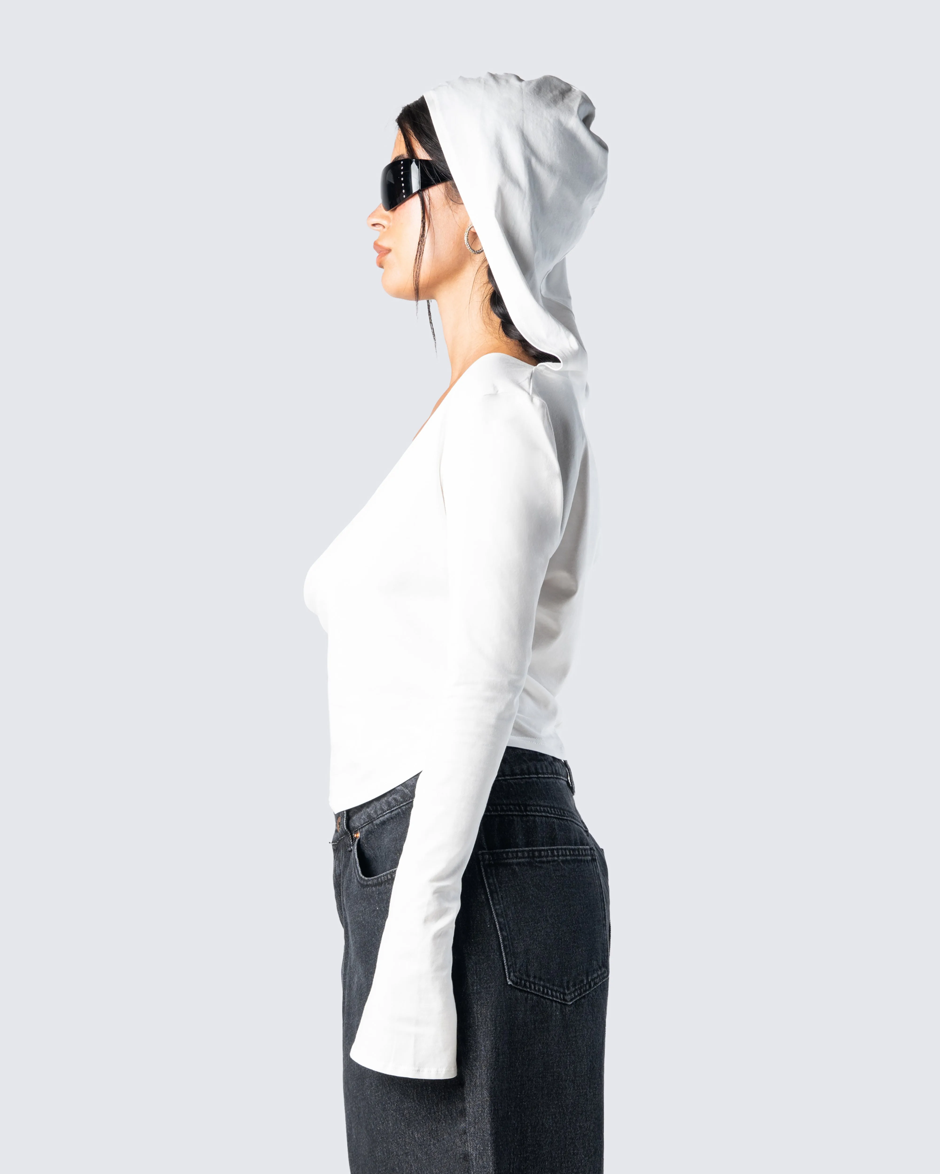 Inga White Knit Hooded Draped Top