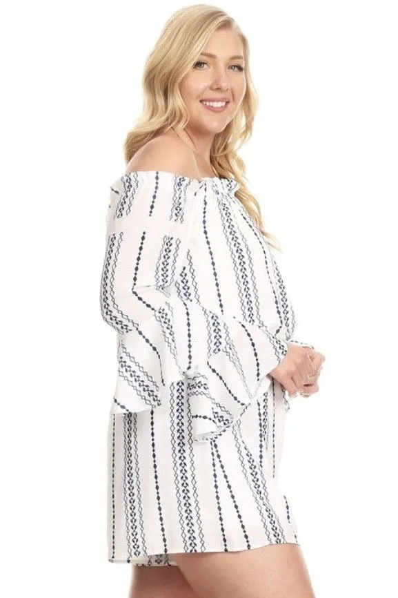 Plus Striped Off Shoulder Romper Long Bell Sleeve White Blue Ruffle