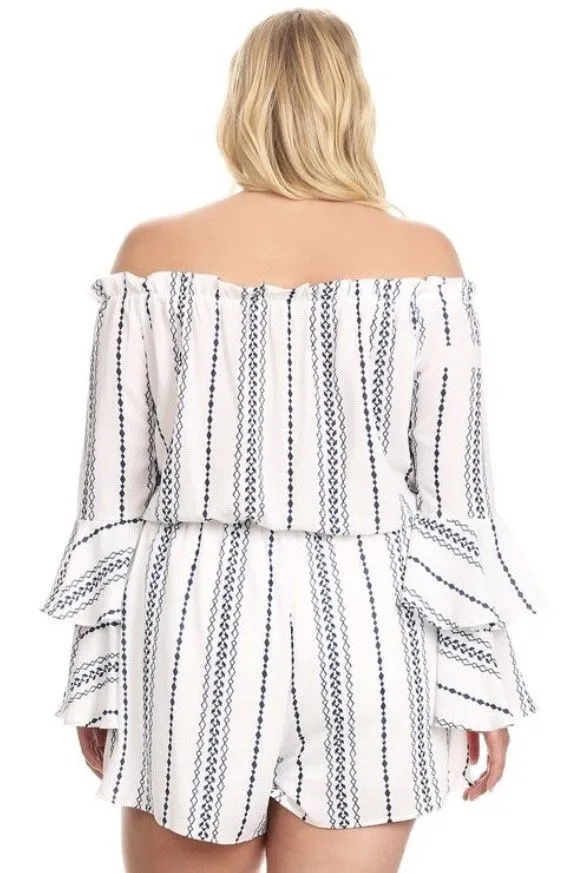 Plus Striped Off Shoulder Romper Long Bell Sleeve White Blue Ruffle