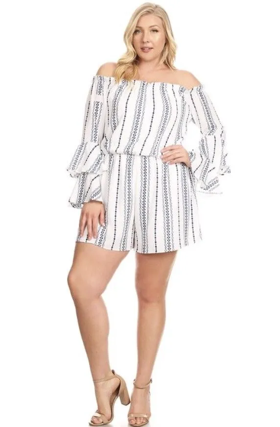 Plus Striped Off Shoulder Romper Long Bell Sleeve White Blue Ruffle