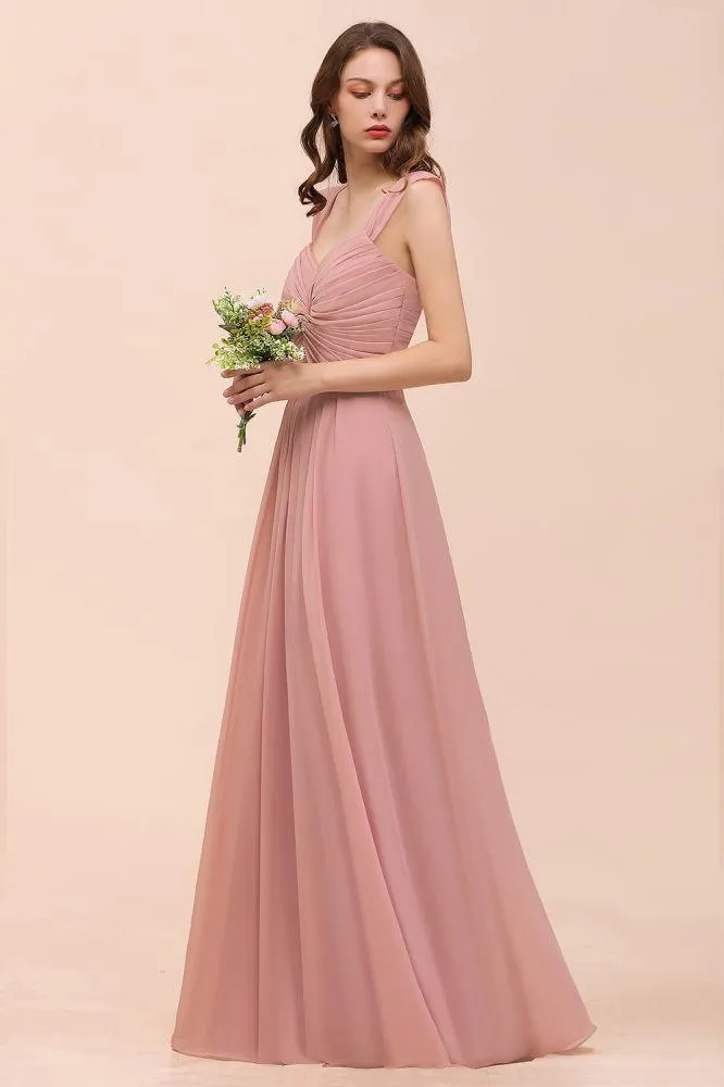 Ruffle Straps A-line Maxi Dusty Pink Bridesmaid Dress for Girls