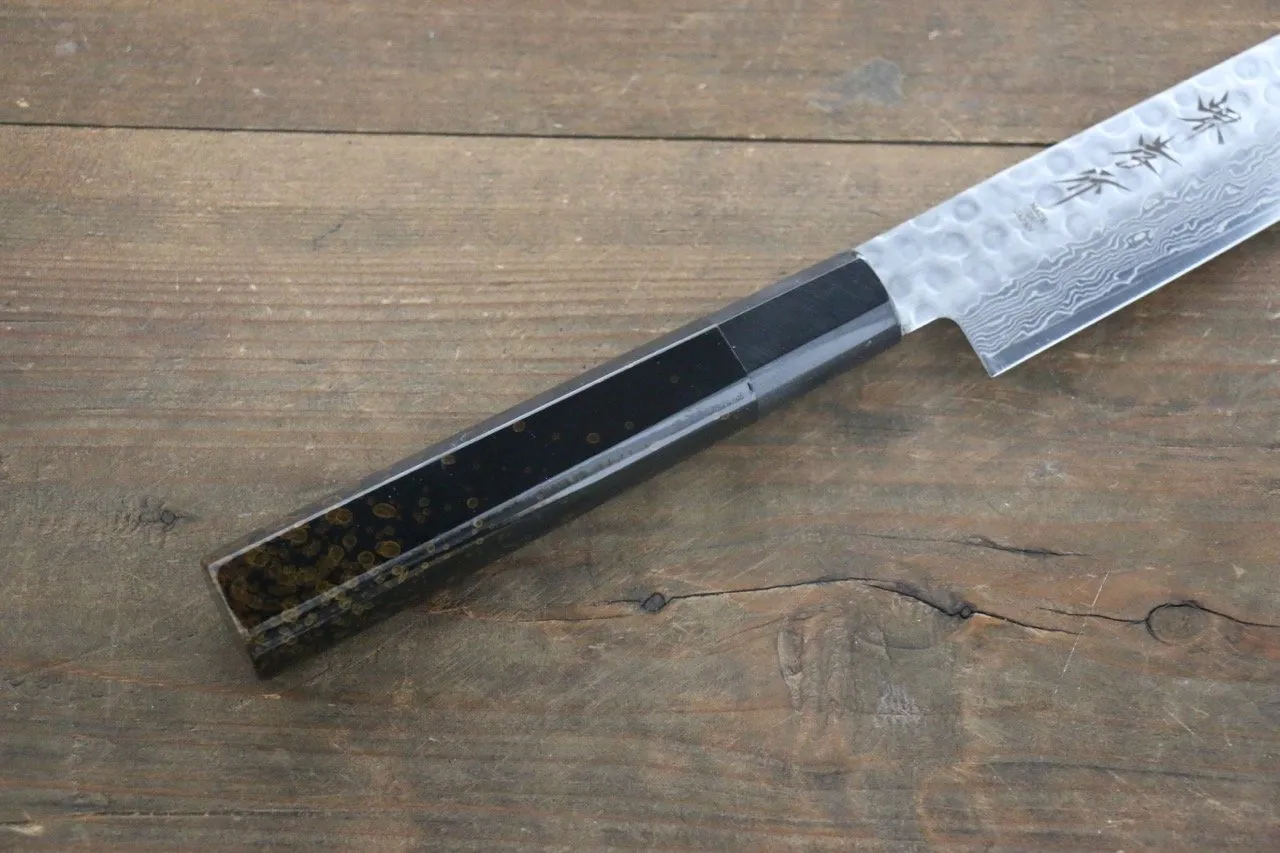Sakai Takayuki AUS-10 45 Layer Damascus Hammered Sujihiki Japanese Chef Knife 240mm Gold Dots Lacquered Handle With Saya