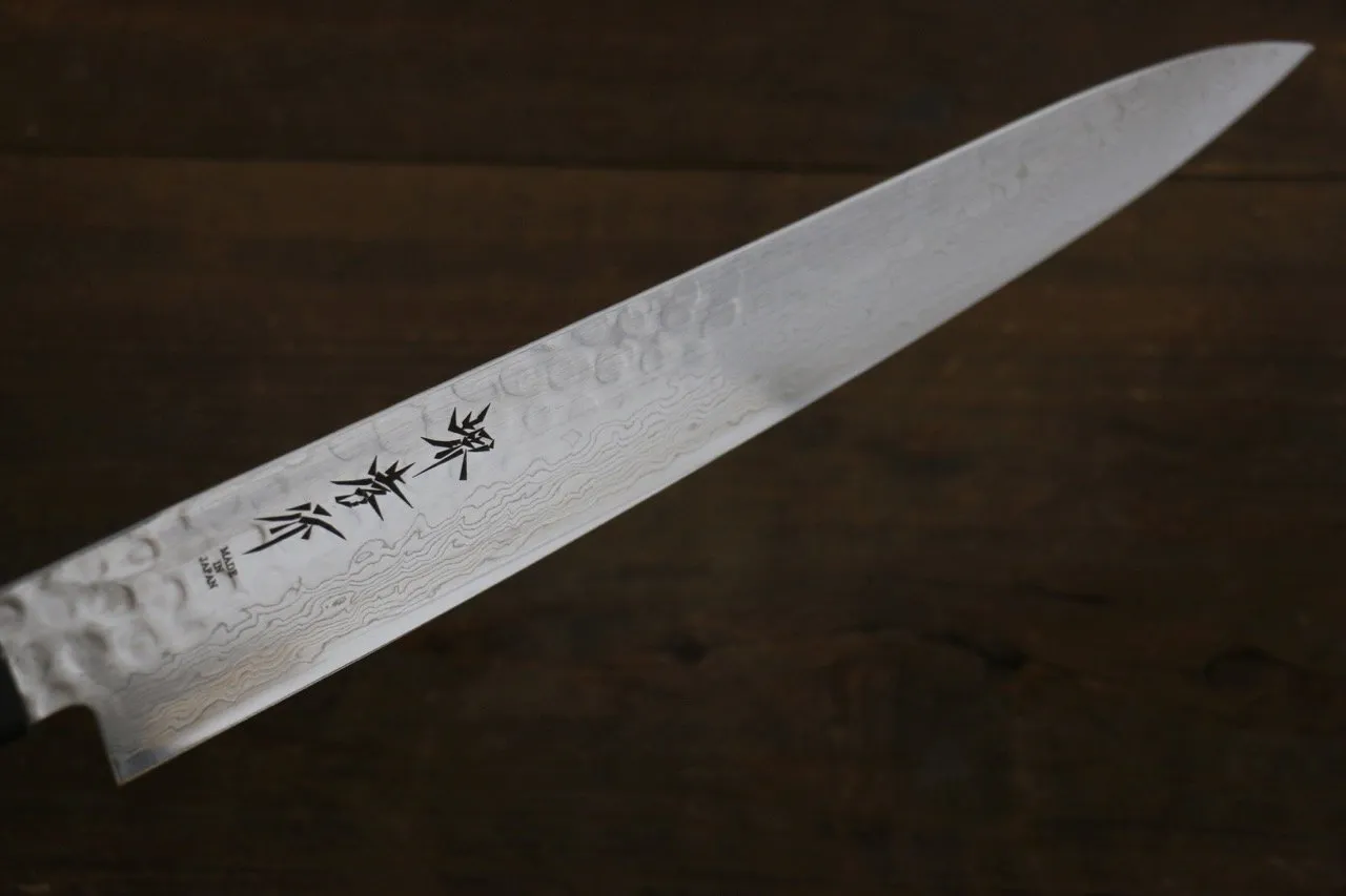 Sakai Takayuki AUS-10 45 Layer Damascus Hammered Sujihiki Japanese Chef Knife 240mm Gold Dots Lacquered Handle With Saya