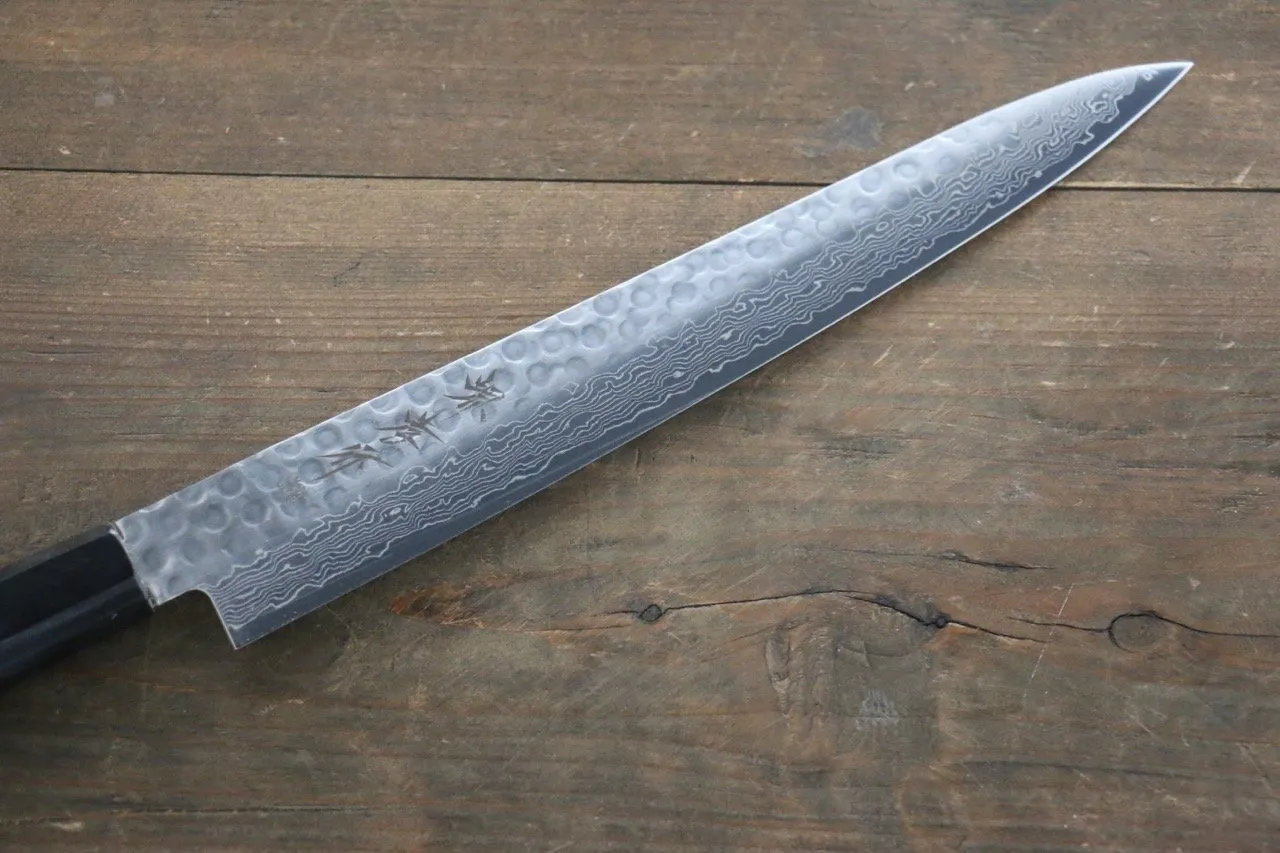 Sakai Takayuki AUS-10 45 Layer Damascus Hammered Sujihiki Japanese Chef Knife 240mm Gold Dots Lacquered Handle With Saya