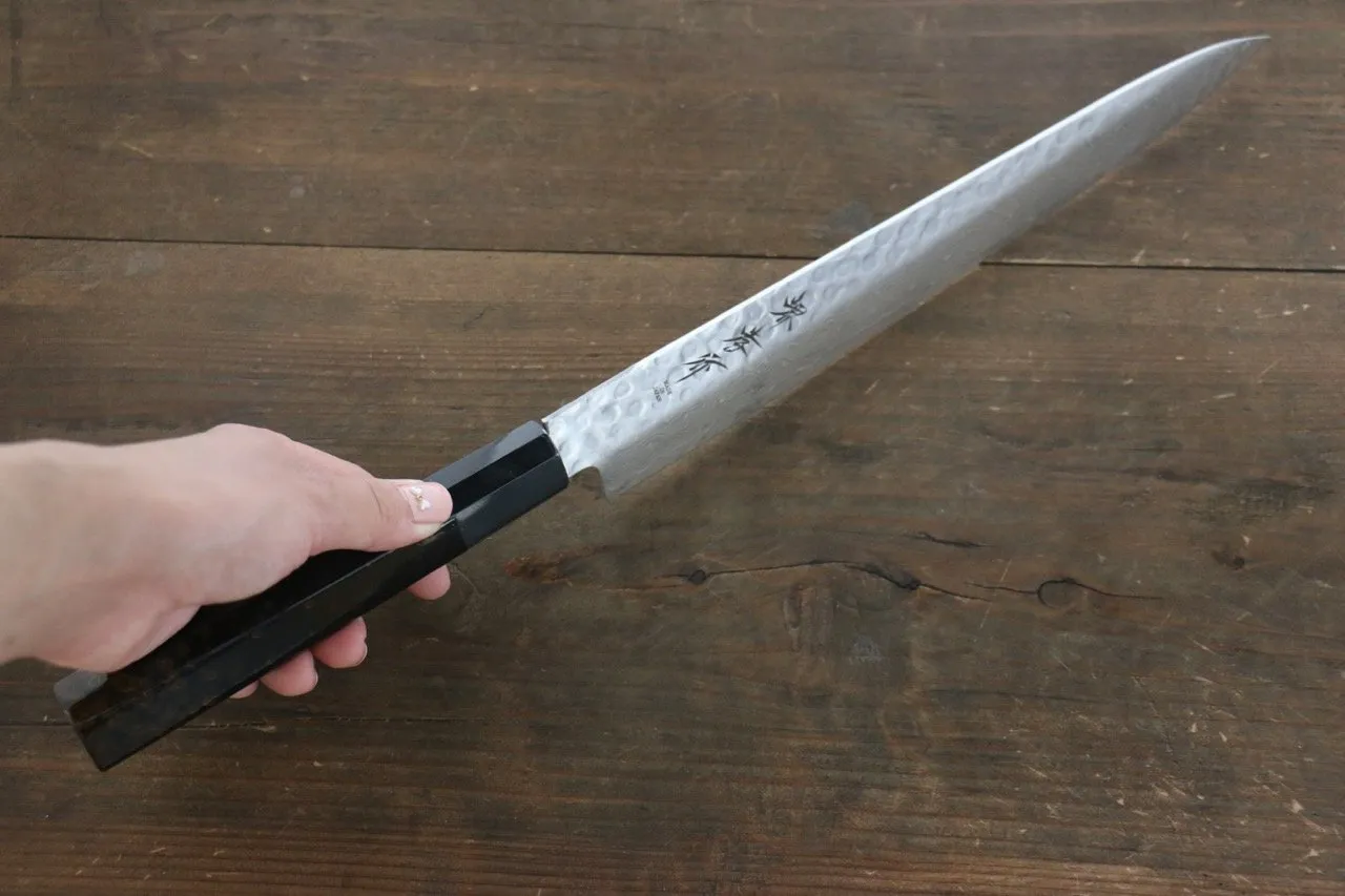 Sakai Takayuki AUS-10 45 Layer Damascus Hammered Sujihiki Japanese Chef Knife 240mm Gold Dots Lacquered Handle With Saya