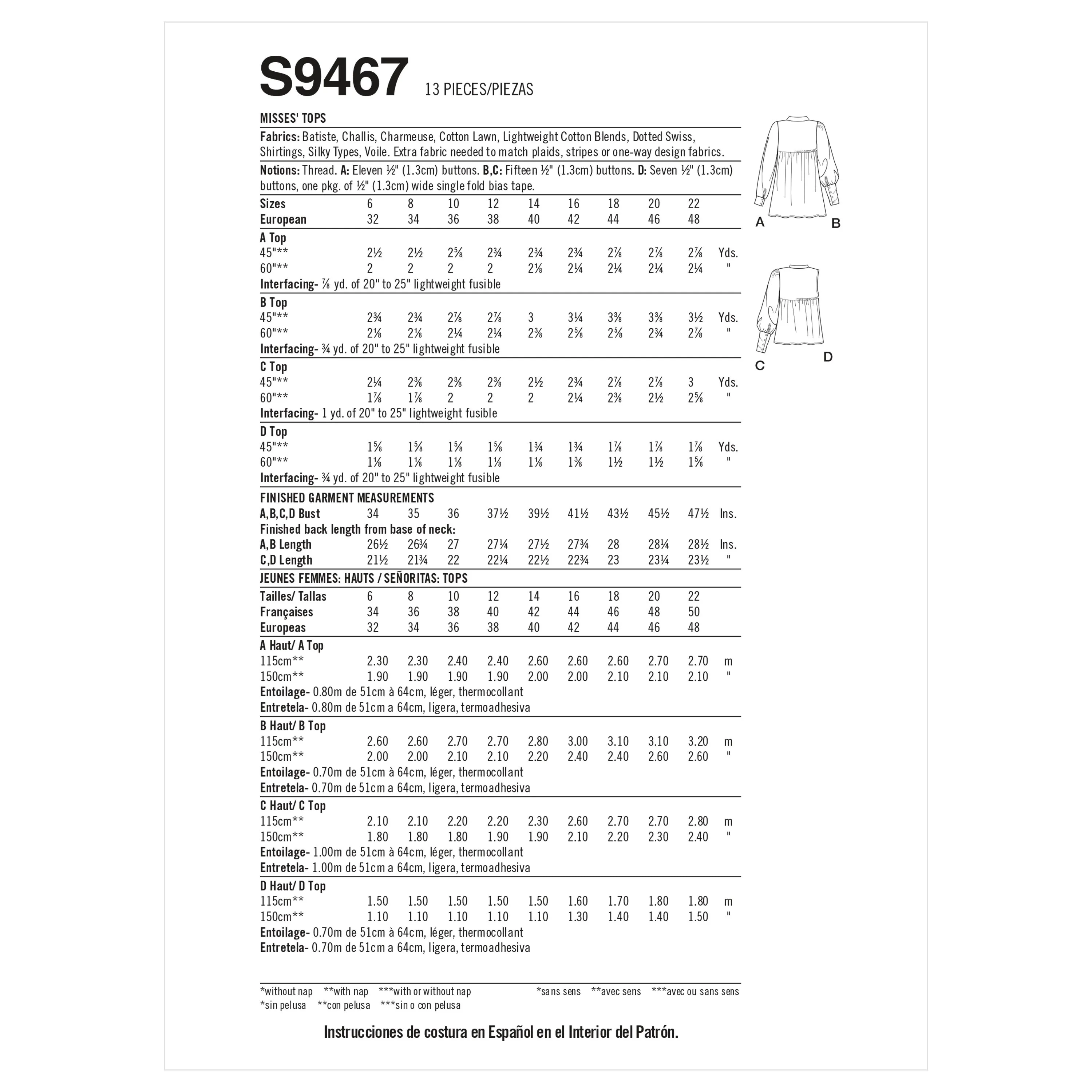 Simplicity Sewing Pattern 9467 Misses Tops