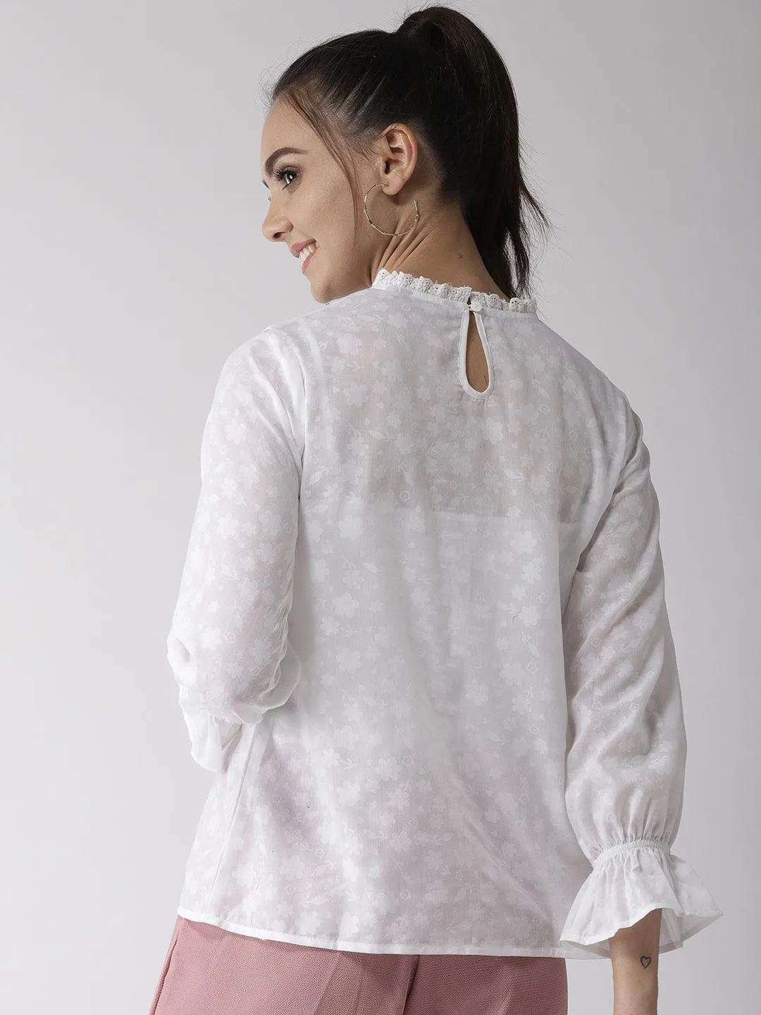 Style Quotient Women Self Design Floral White Cotton Regular Smart Casual Top
