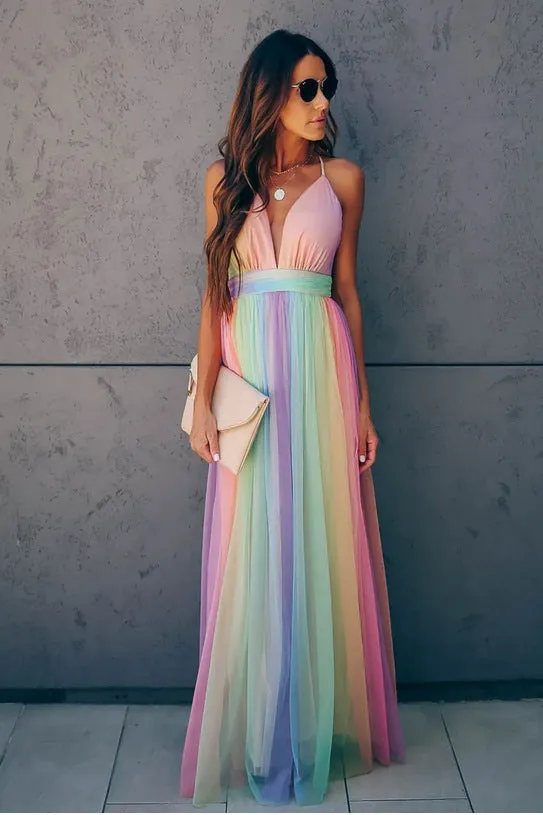 TastyHottie - Rainbow Chiffon V-neck Pregnancy Maxi Dress