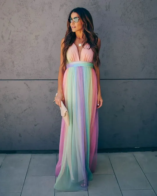 TastyHottie - Rainbow Chiffon V-neck Pregnancy Maxi Dress