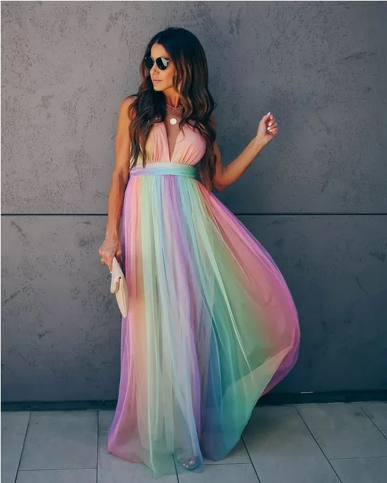 TastyHottie - Rainbow Chiffon V-neck Pregnancy Maxi Dress