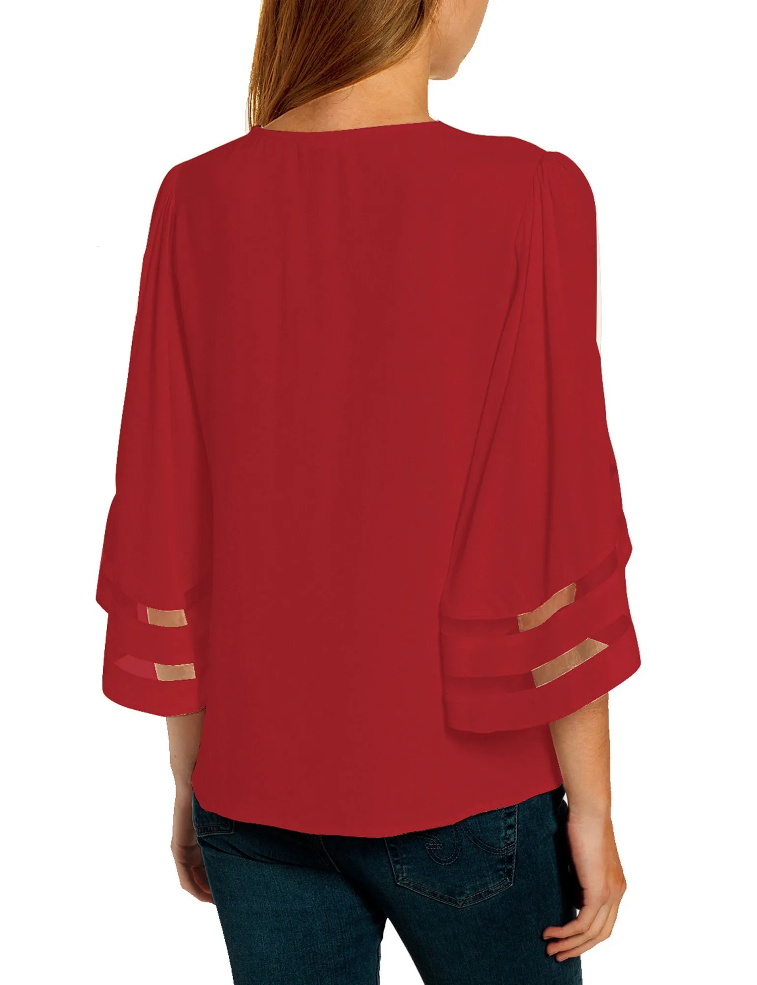 Vetinee Women's 3/4 Bell Sleeve Shirt Mesh Panel Blouse V Neck Casual Loose Tops