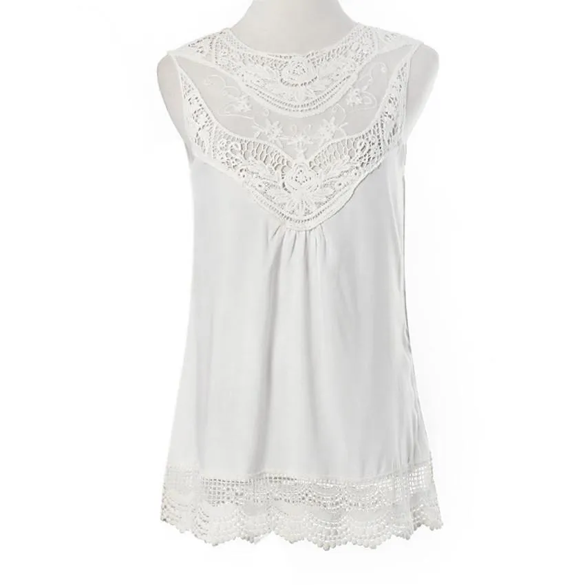 Women Summer Blouse Cotton Lace Blouse Sleeveless Casual Tank